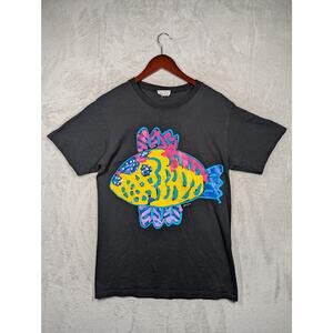 Vintage Ken Done Art to Wear Colorful Fish O/S Black Shirt USA Single Stitch **